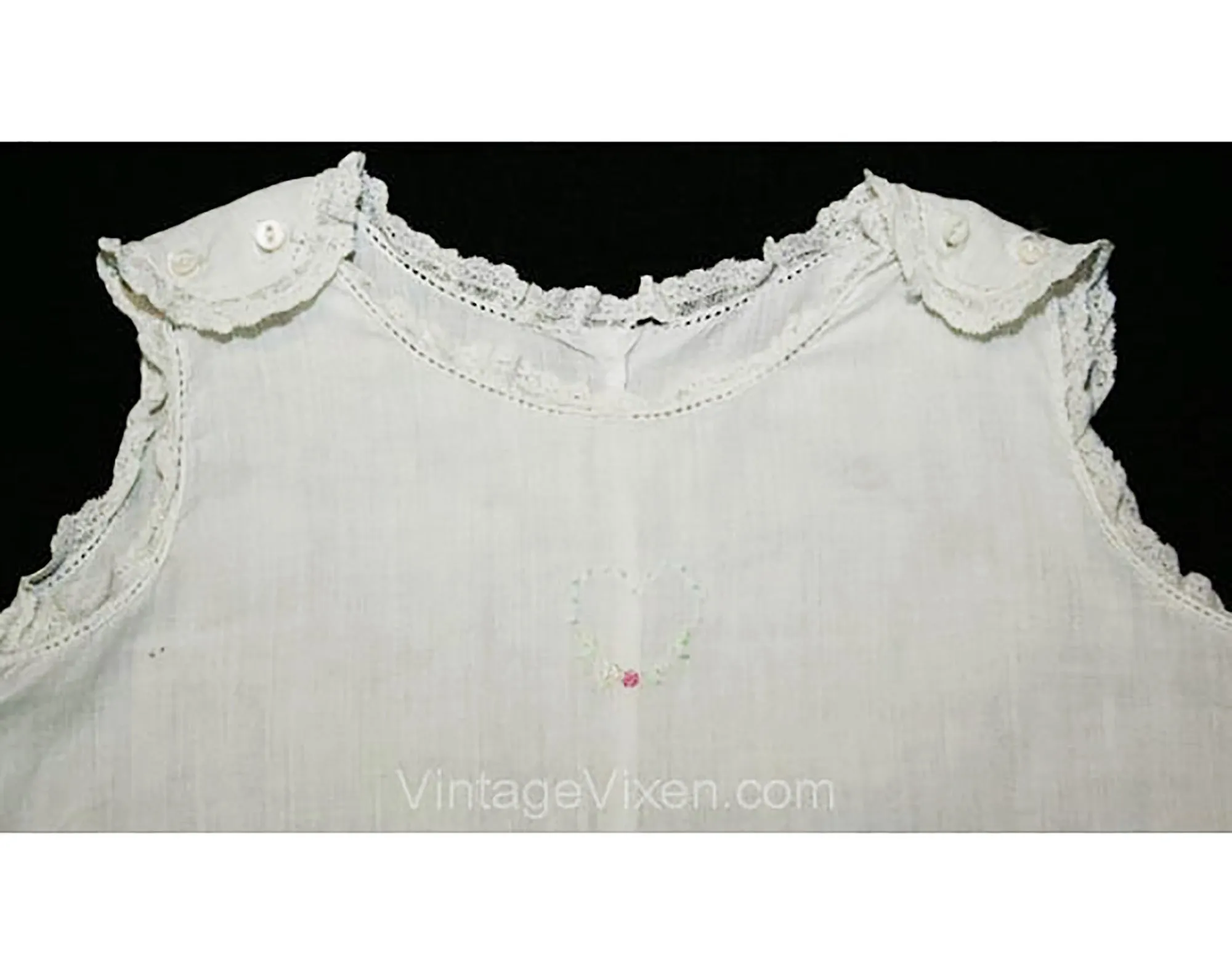 1910s Infant's Dress and Slip - Size 6 Months - White Organdy & Dainty Embroidered Hearts - Pink Rosebuds Antique Baby Dress - 26706