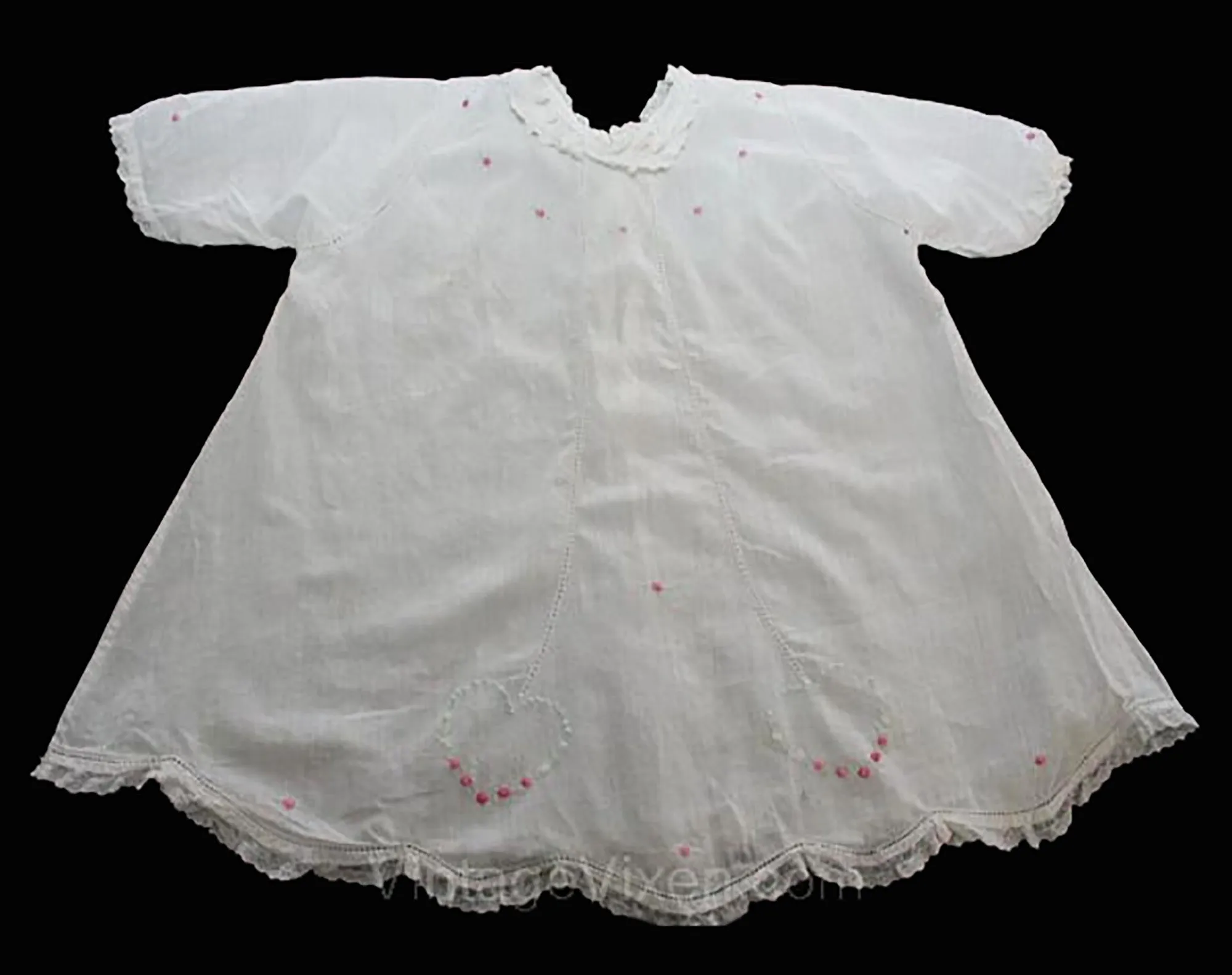 1910s Infant's Dress and Slip - Size 6 Months - White Organdy & Dainty Embroidered Hearts - Pink Rosebuds Antique Baby Dress - 26706