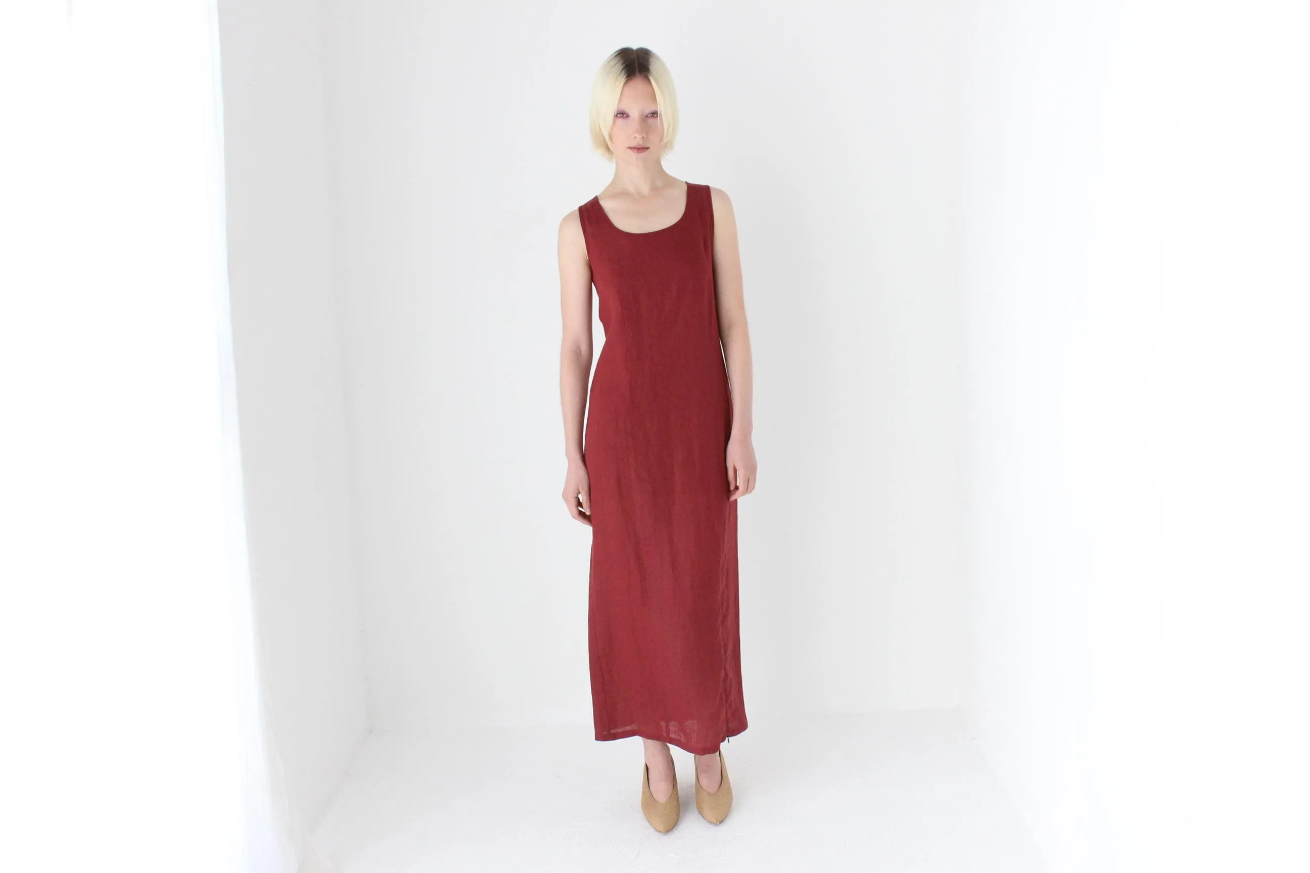 90s Italian Linen Sleeveless Column Dress