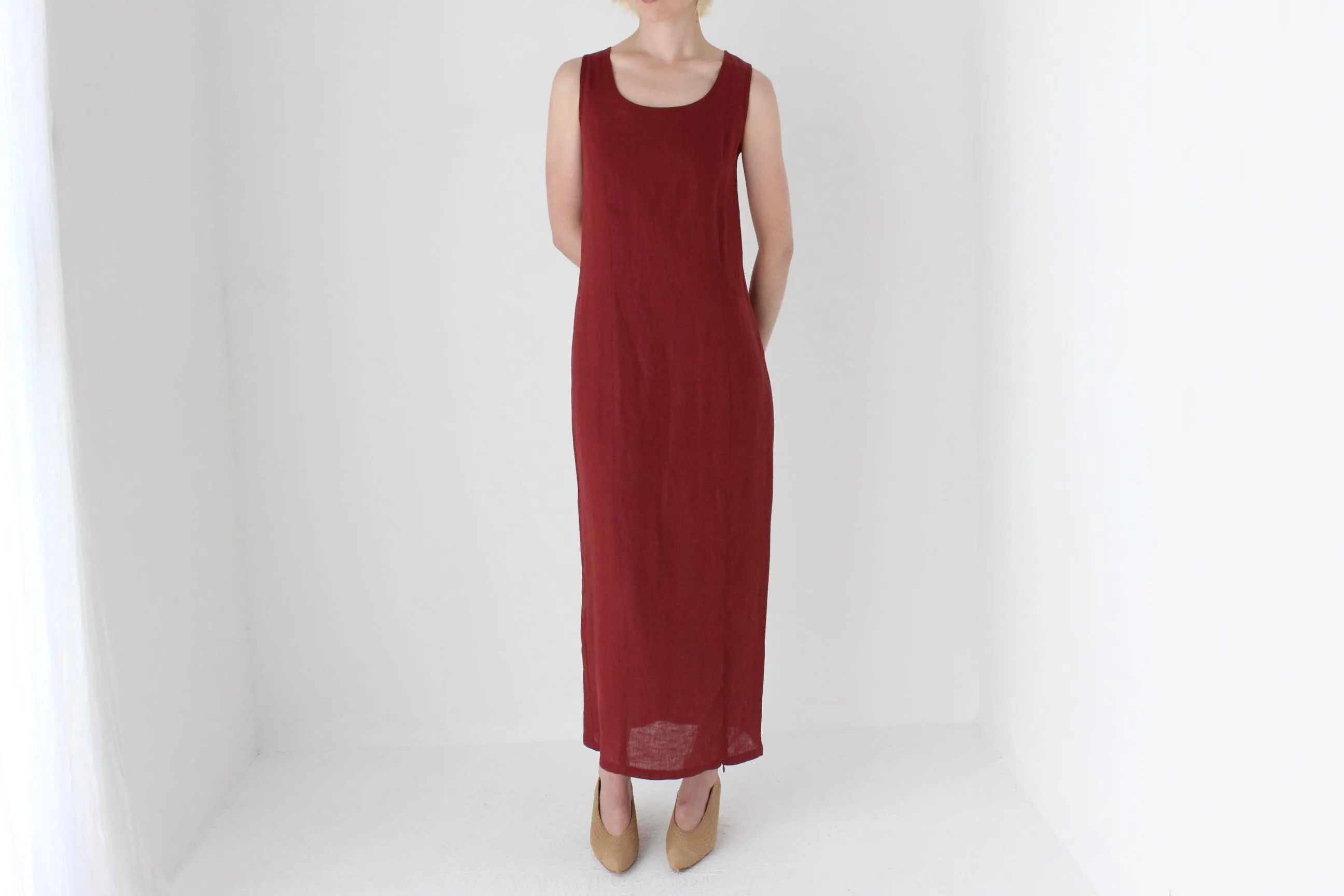 90s Italian Linen Sleeveless Column Dress