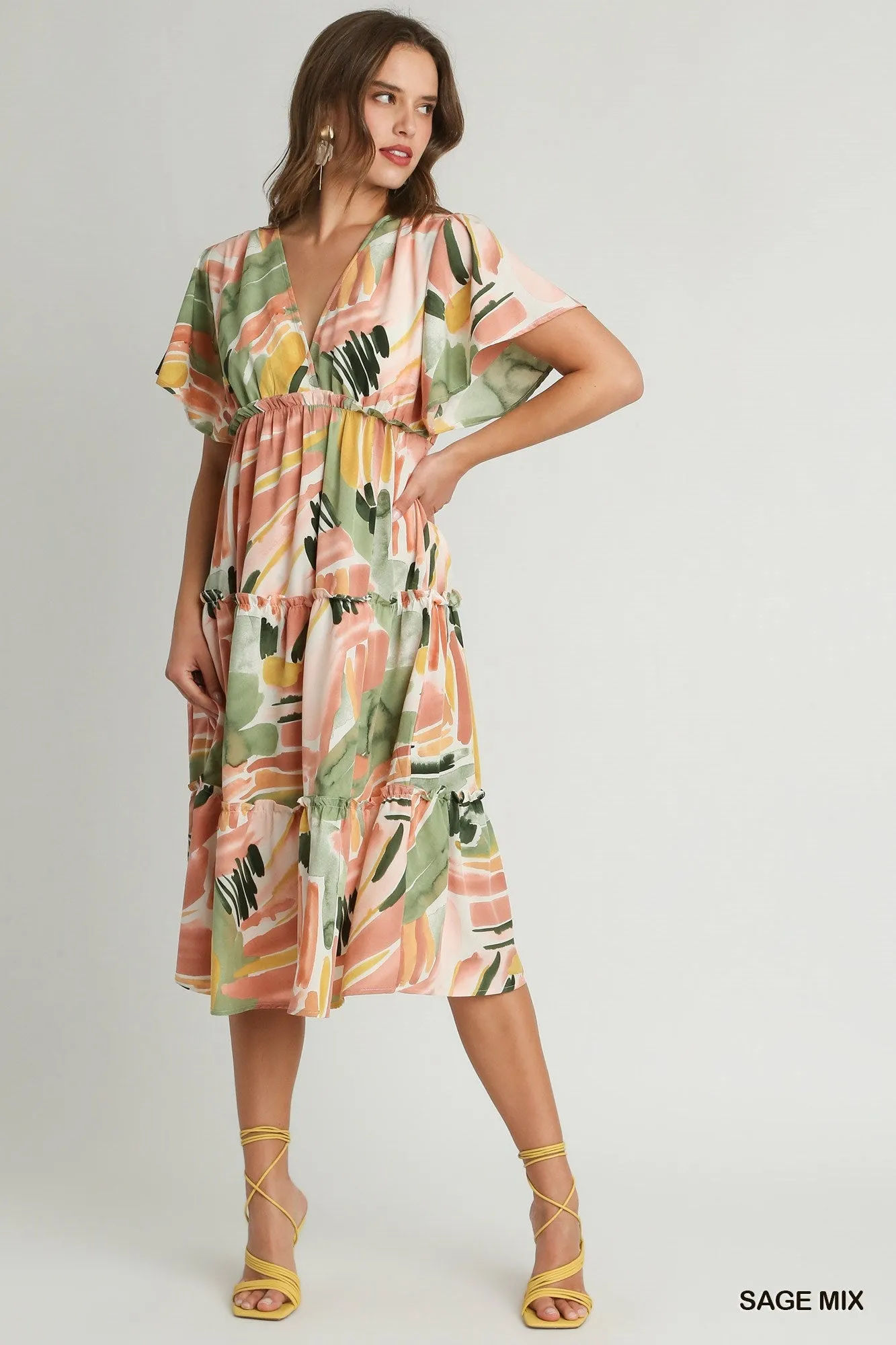 Abstract V-Neck Tiered A-Line Dress