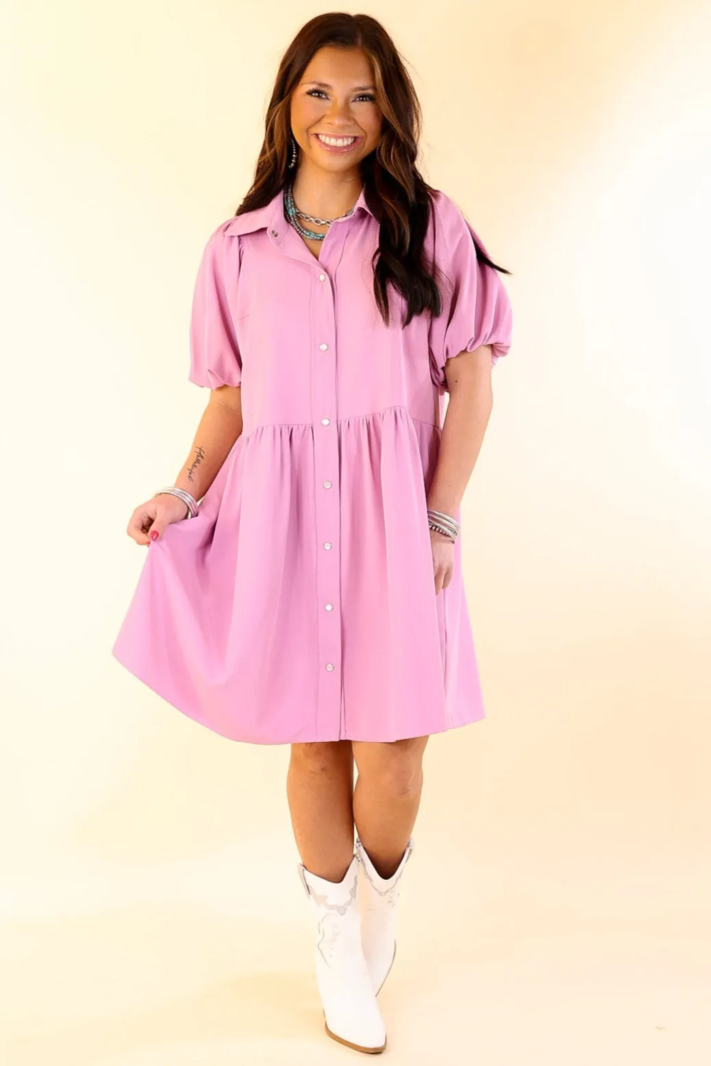 Adventures Ahead Button Up Babydoll Dress in Dusty Pink