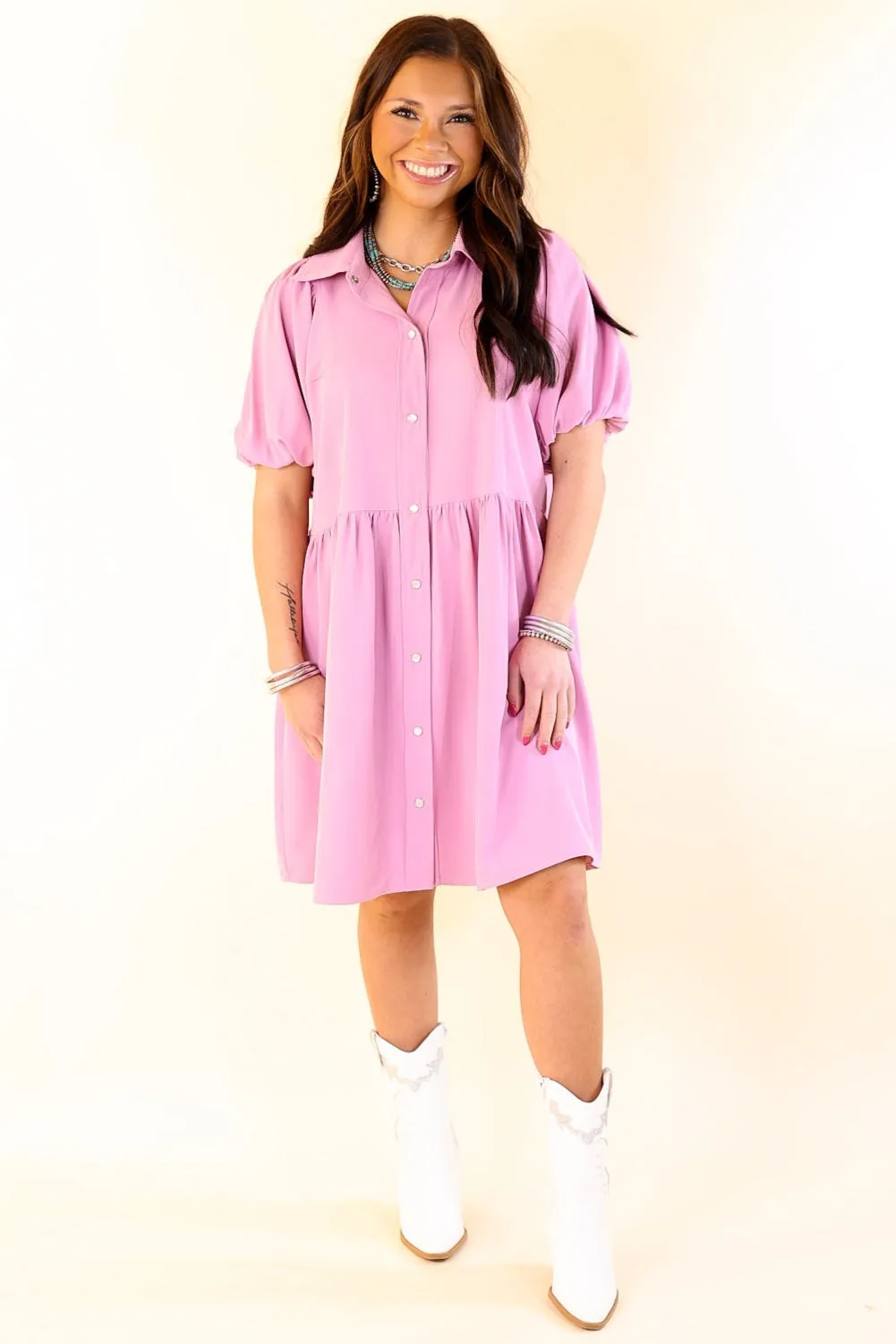 Adventures Ahead Button Up Babydoll Dress in Dusty Pink