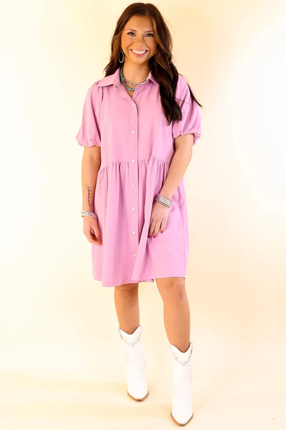 Adventures Ahead Button Up Babydoll Dress in Dusty Pink
