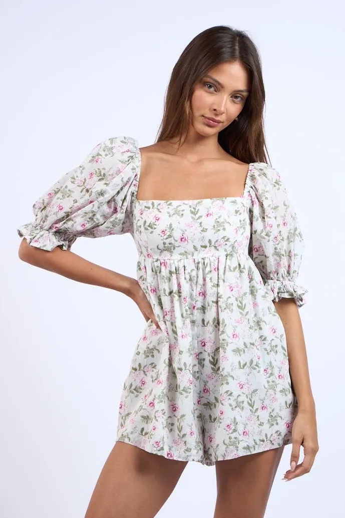 Ashley Floral Print Puff Sleeve Mini Romper