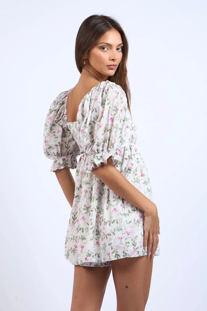 Ashley Floral Print Puff Sleeve Mini Romper