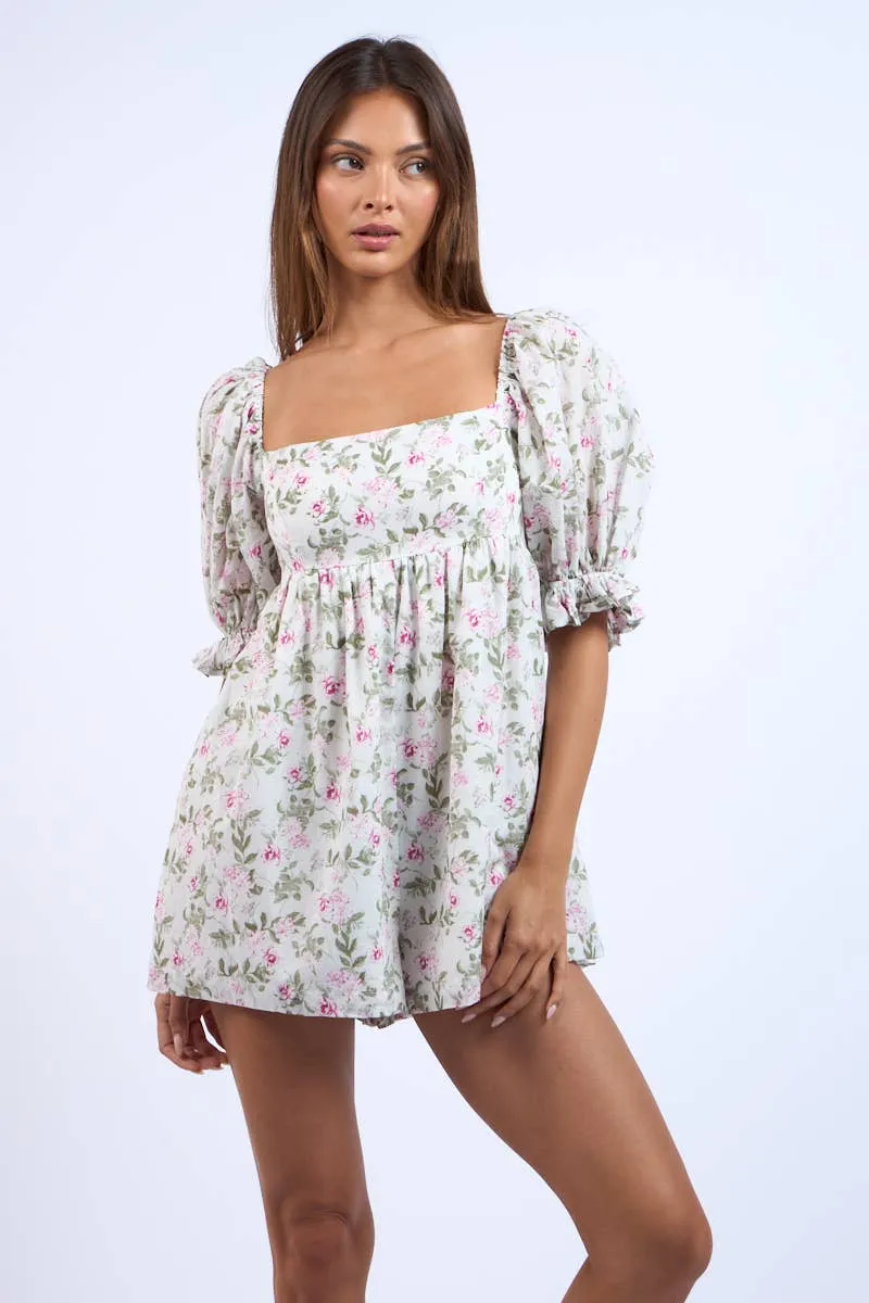 Ashley Floral Print Puff Sleeve Mini Romper