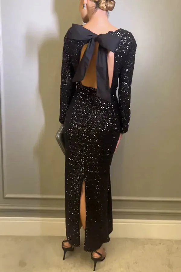 Autumn Winter Sexy Backless Sequined Evening Dress Dress Women