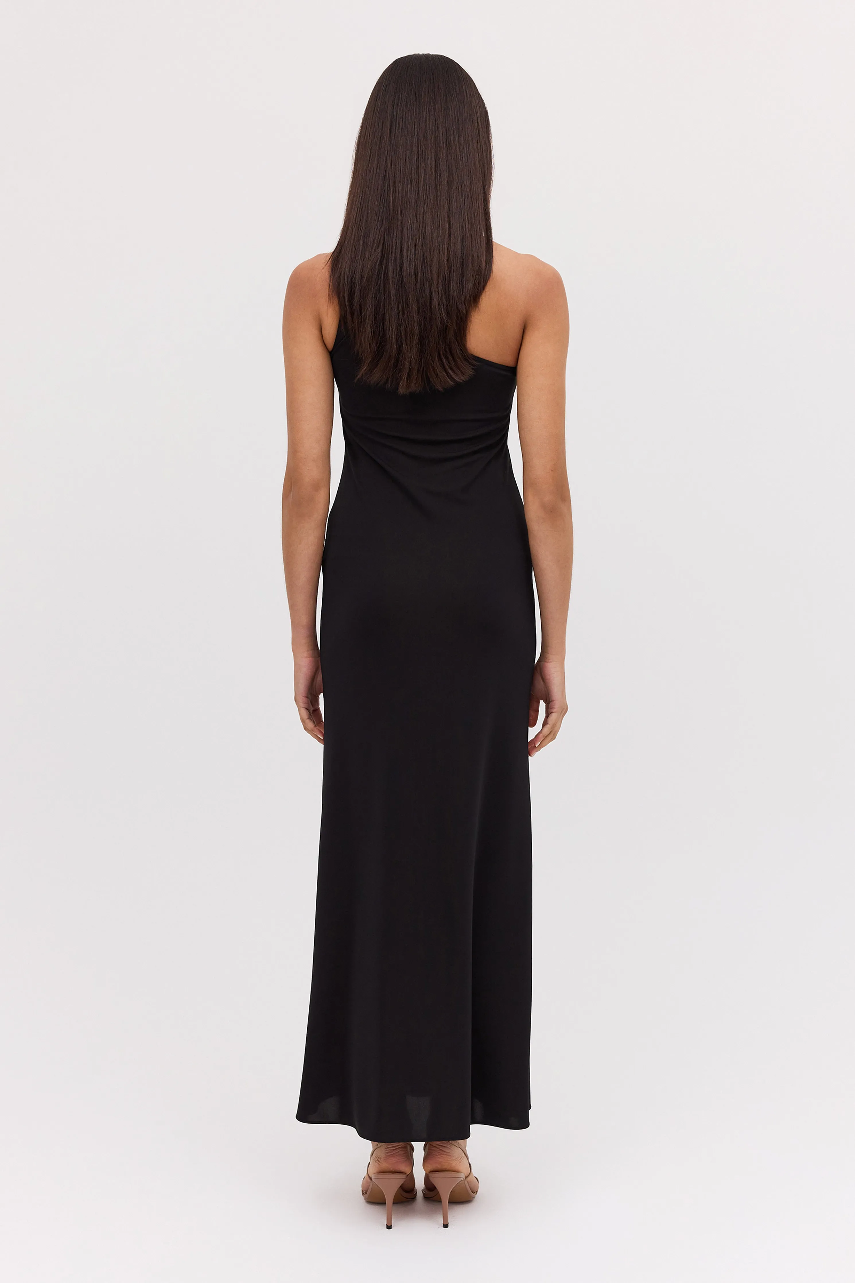 BLACK JERSEY ASYMMETRIC SLIP DRESS