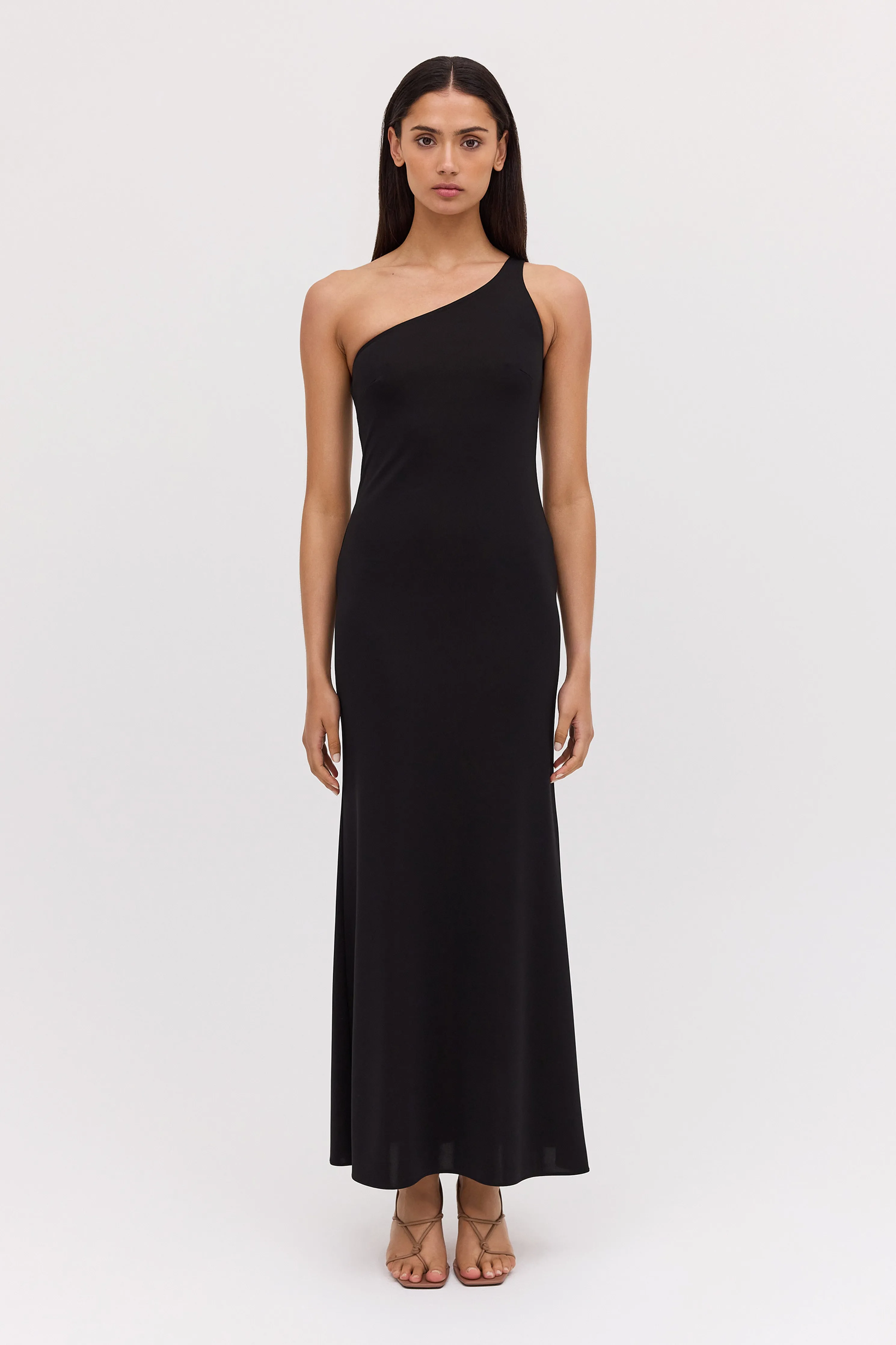 BLACK JERSEY ASYMMETRIC SLIP DRESS