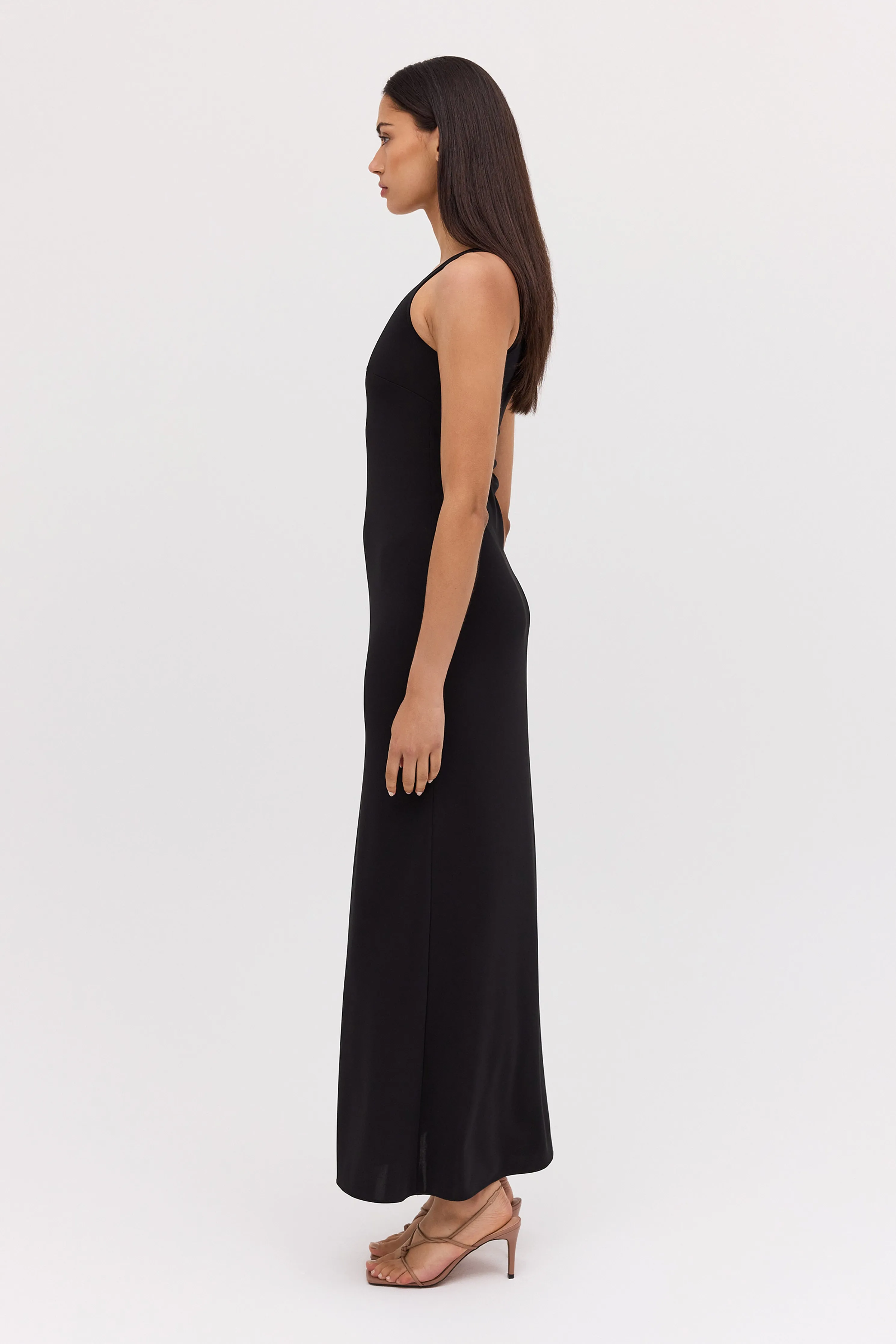 BLACK JERSEY ASYMMETRIC SLIP DRESS