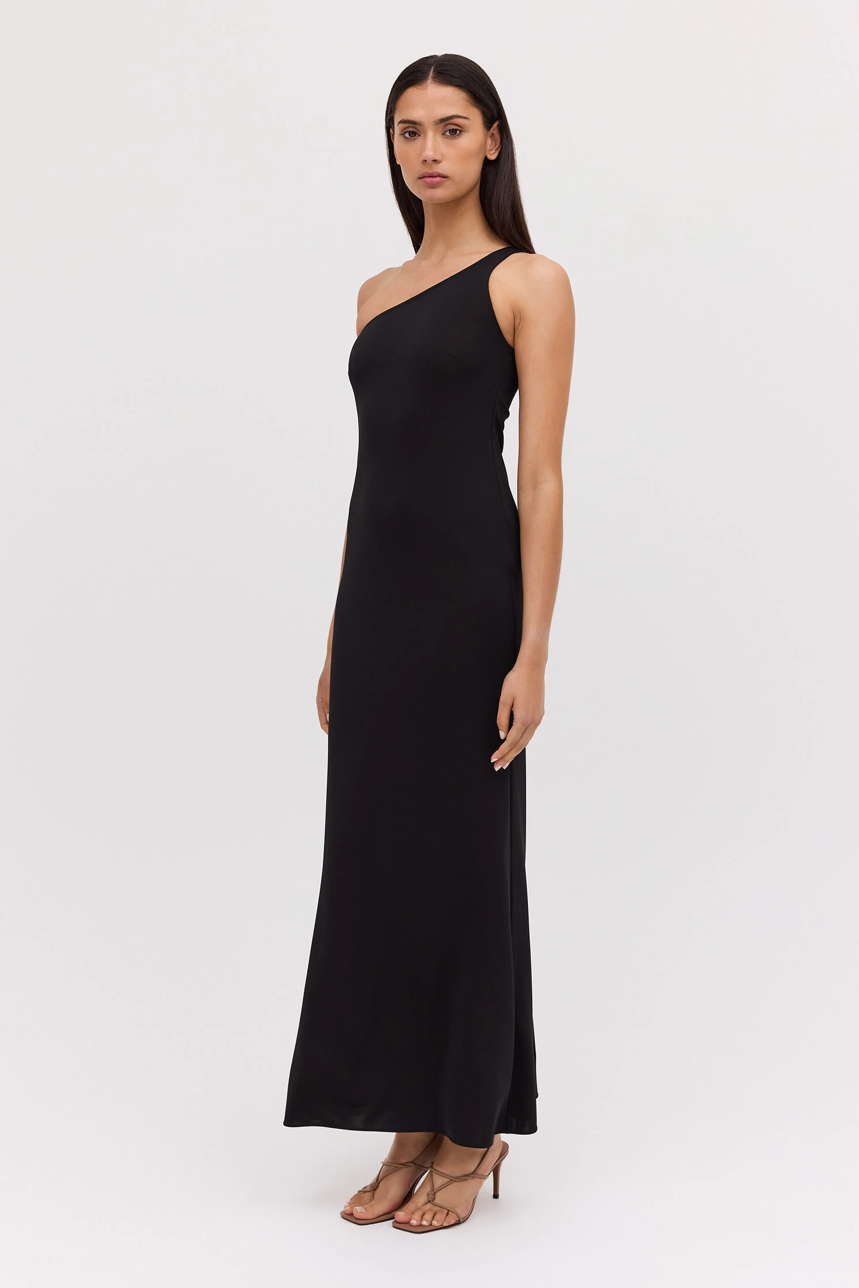 BLACK JERSEY ASYMMETRIC SLIP DRESS