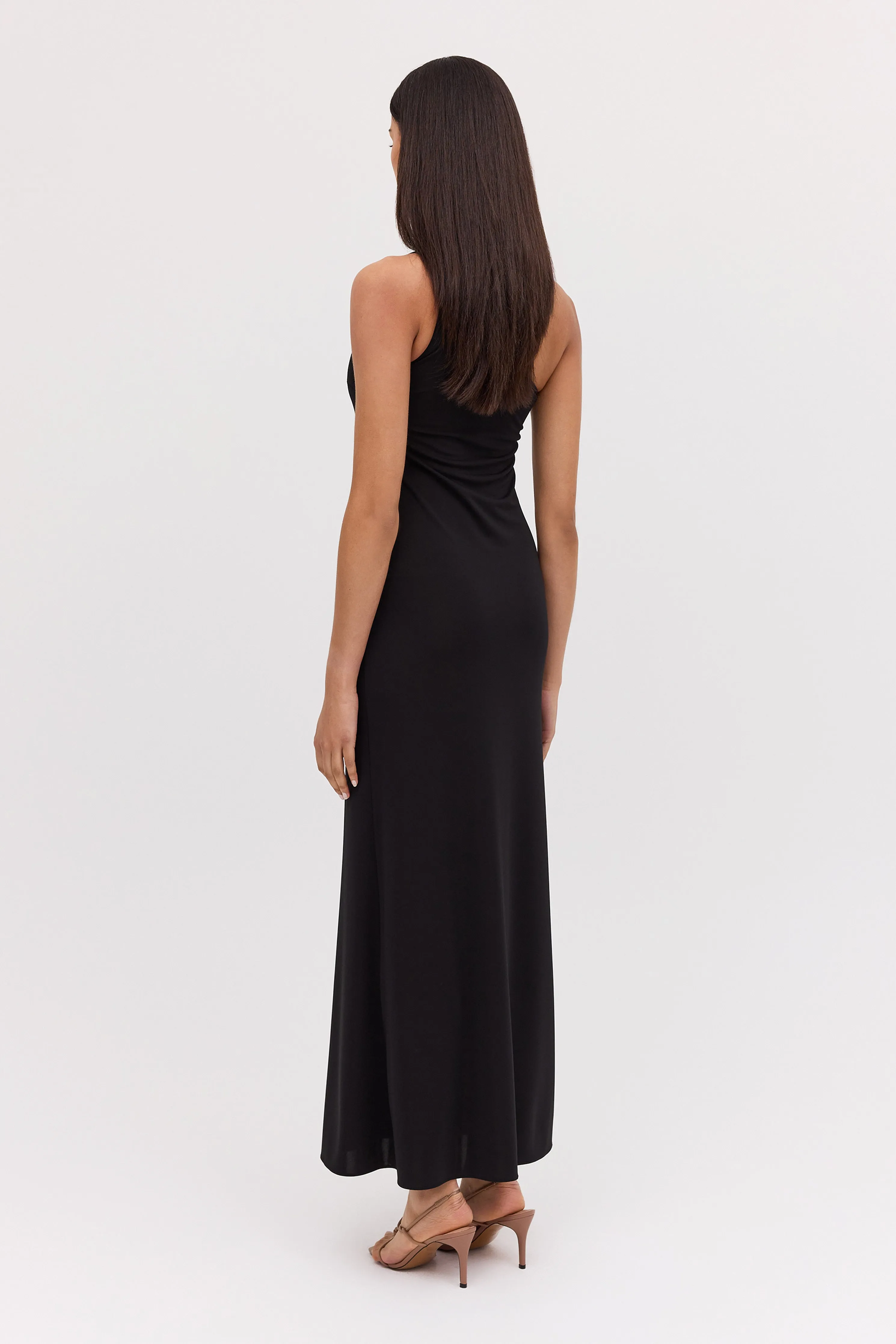 BLACK JERSEY ASYMMETRIC SLIP DRESS