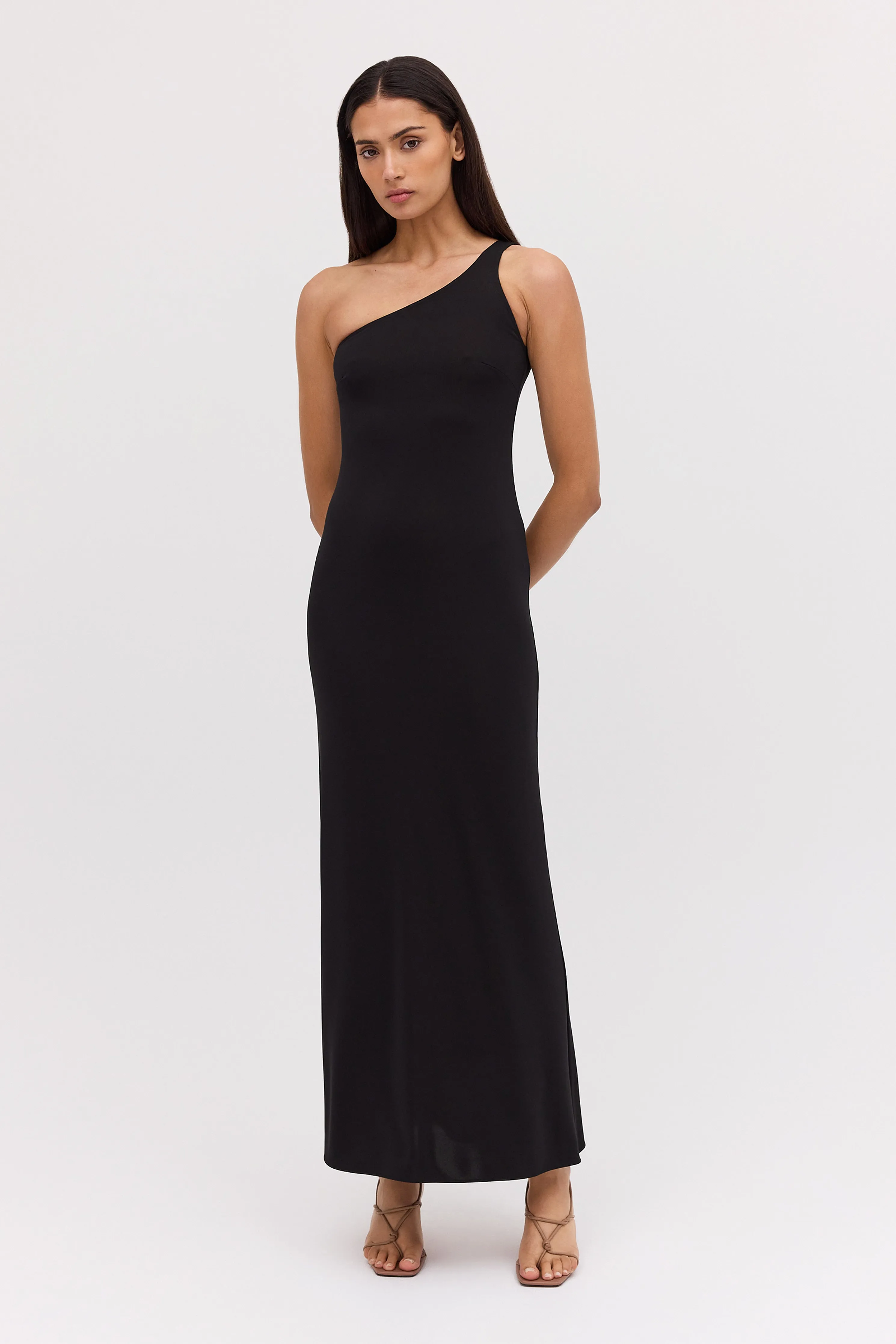 BLACK JERSEY ASYMMETRIC SLIP DRESS