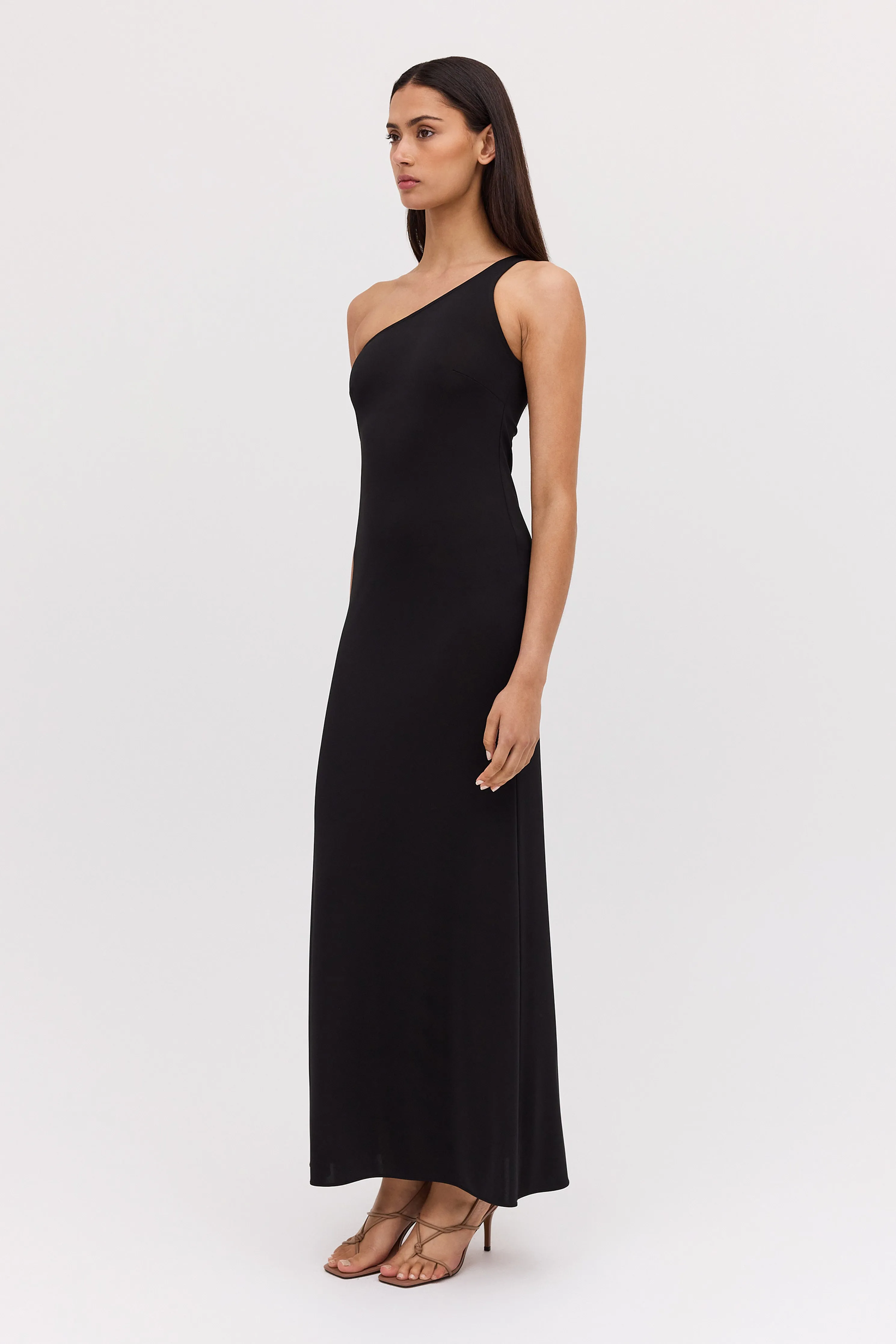 BLACK JERSEY ASYMMETRIC SLIP DRESS