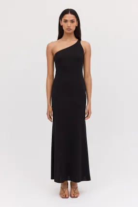 BLACK JERSEY ASYMMETRIC SLIP DRESS