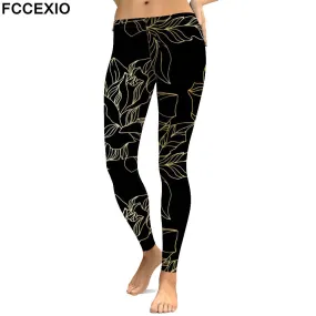 Black Leggings Glod Flower Print Women Leggins Fashion Mandala