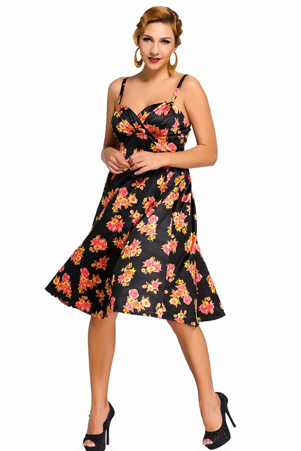 Black Pin-up Digital Floral Swing Vintage Dress