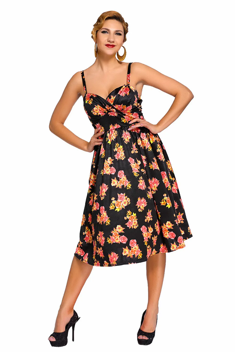 Black Pin-up Digital Floral Swing Vintage Dress
