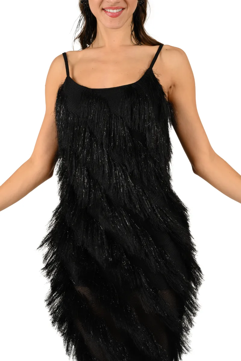 Black Shimmer Soft Fringed Asymmetric Dress