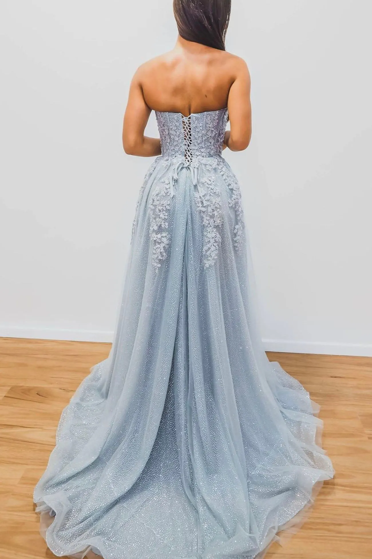 Blue Strapless Lace Long Prom Dress, Lovely A-Line Evening Dress with Slit