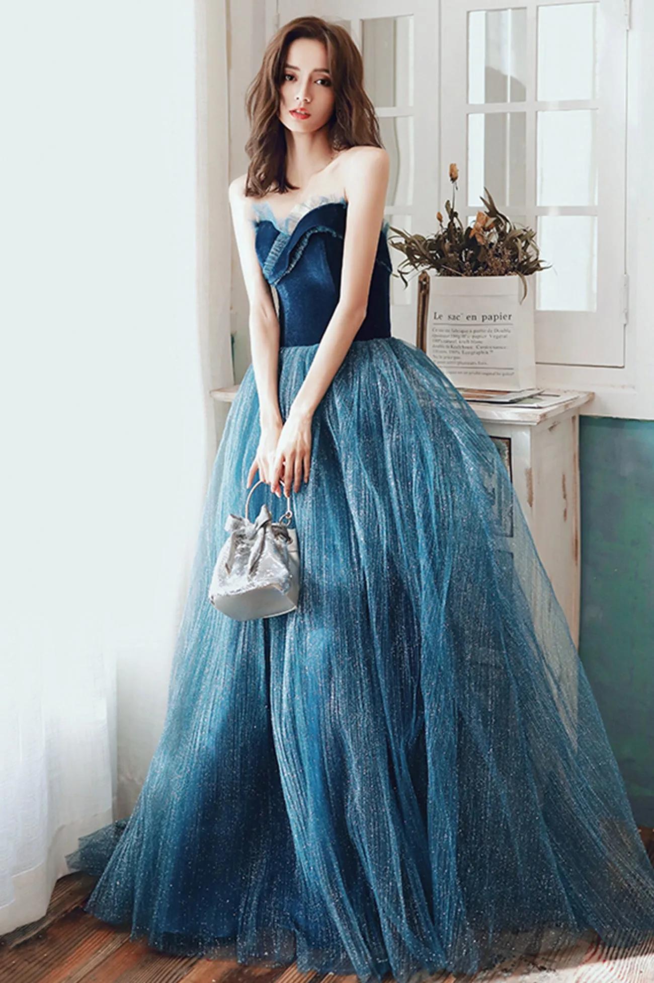 Blue Strapless Tulle Long Prom Dress, A-Line Evening Party Dress