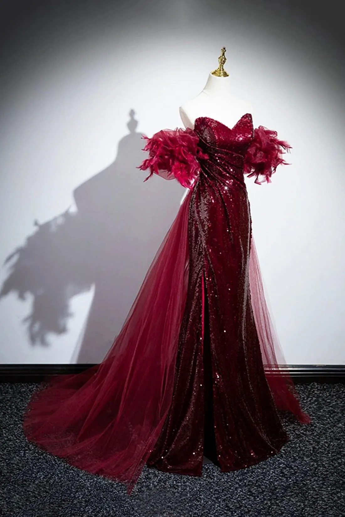 Burgundy Tulle Sequins Long Prom Dress, Burgundy Evening Party Dress