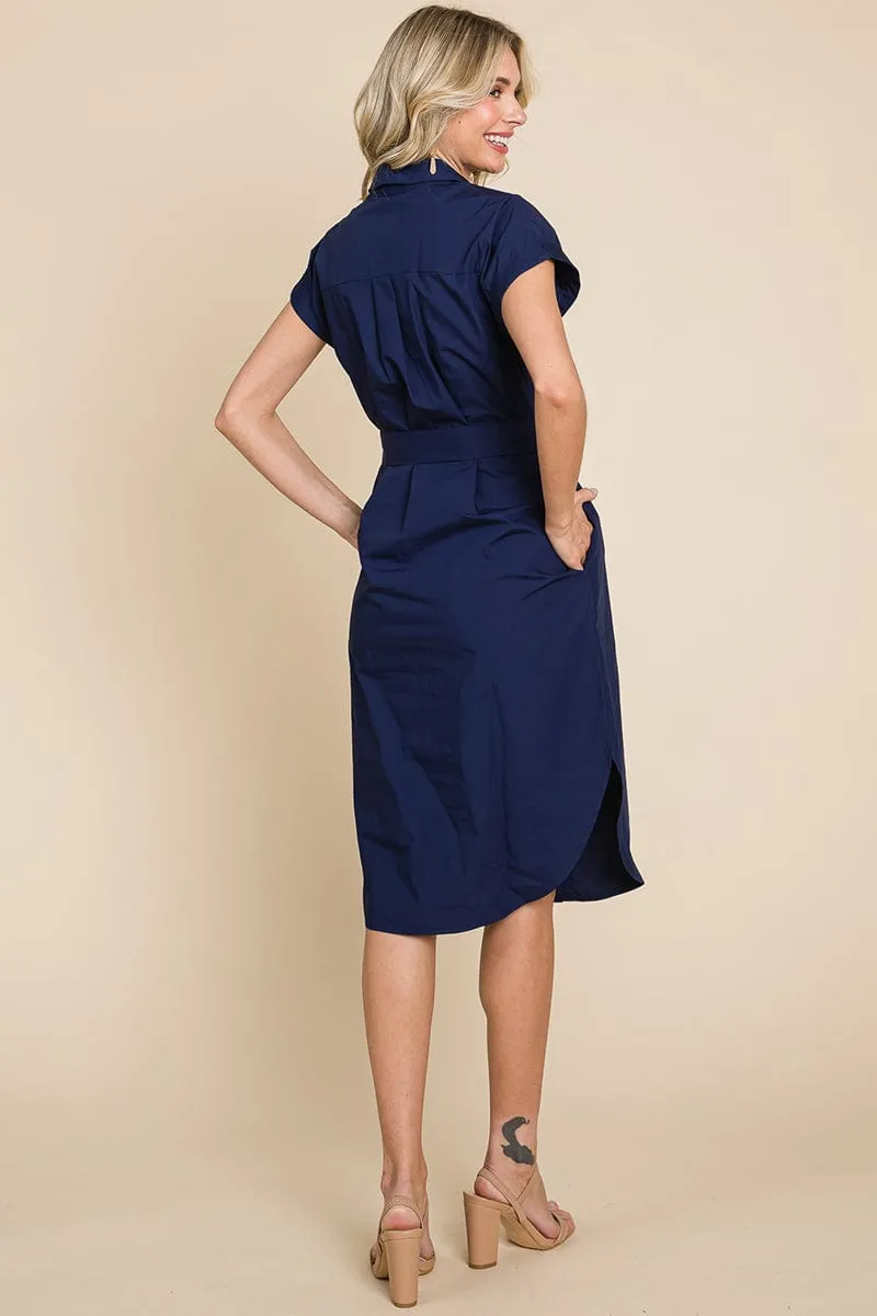 Button up Tie Waist Poplin Pocketed Shirt Dress