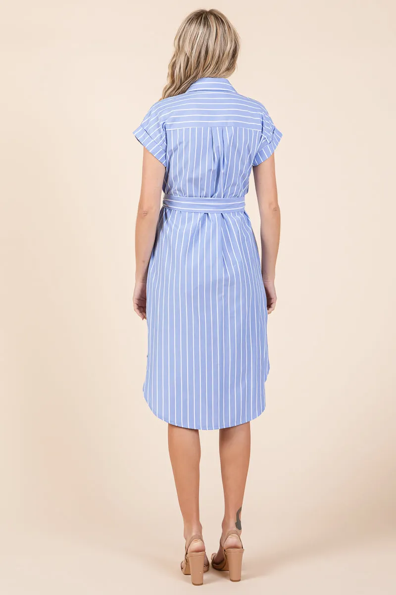 Button up Tie Waist Poplin Pocketed Shirt Dress