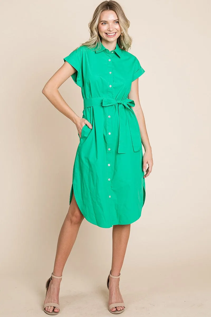 Button up Tie Waist Poplin Pocketed Shirt Dress