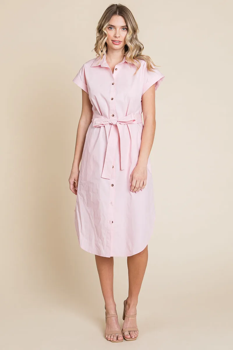 Button up Tie Waist Poplin Pocketed Shirt Dress