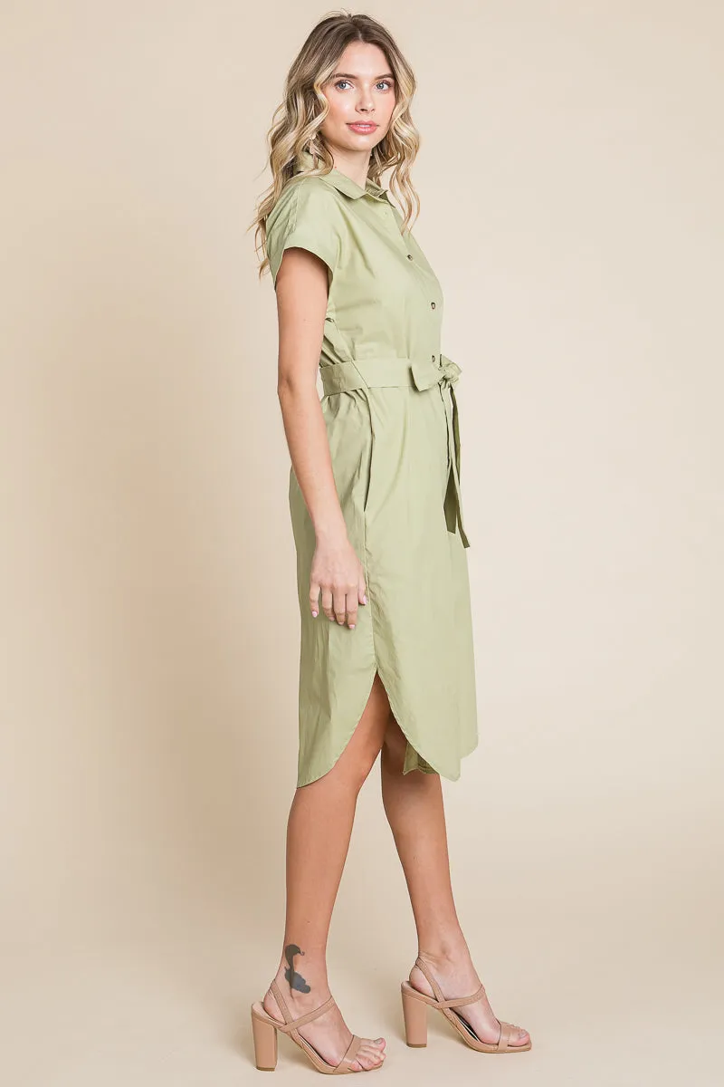 Button up Tie Waist Poplin Pocketed Shirt Dress