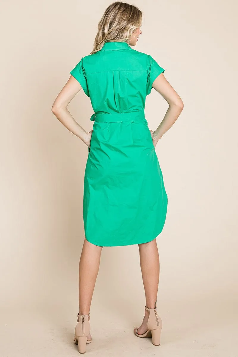 Button up Tie Waist Poplin Pocketed Shirt Dress