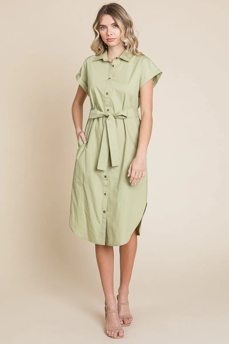Button up Tie Waist Poplin Pocketed Shirt Dress