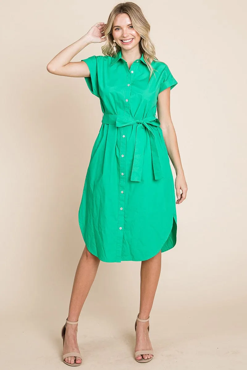 Button up Tie Waist Poplin Pocketed Shirt Dress