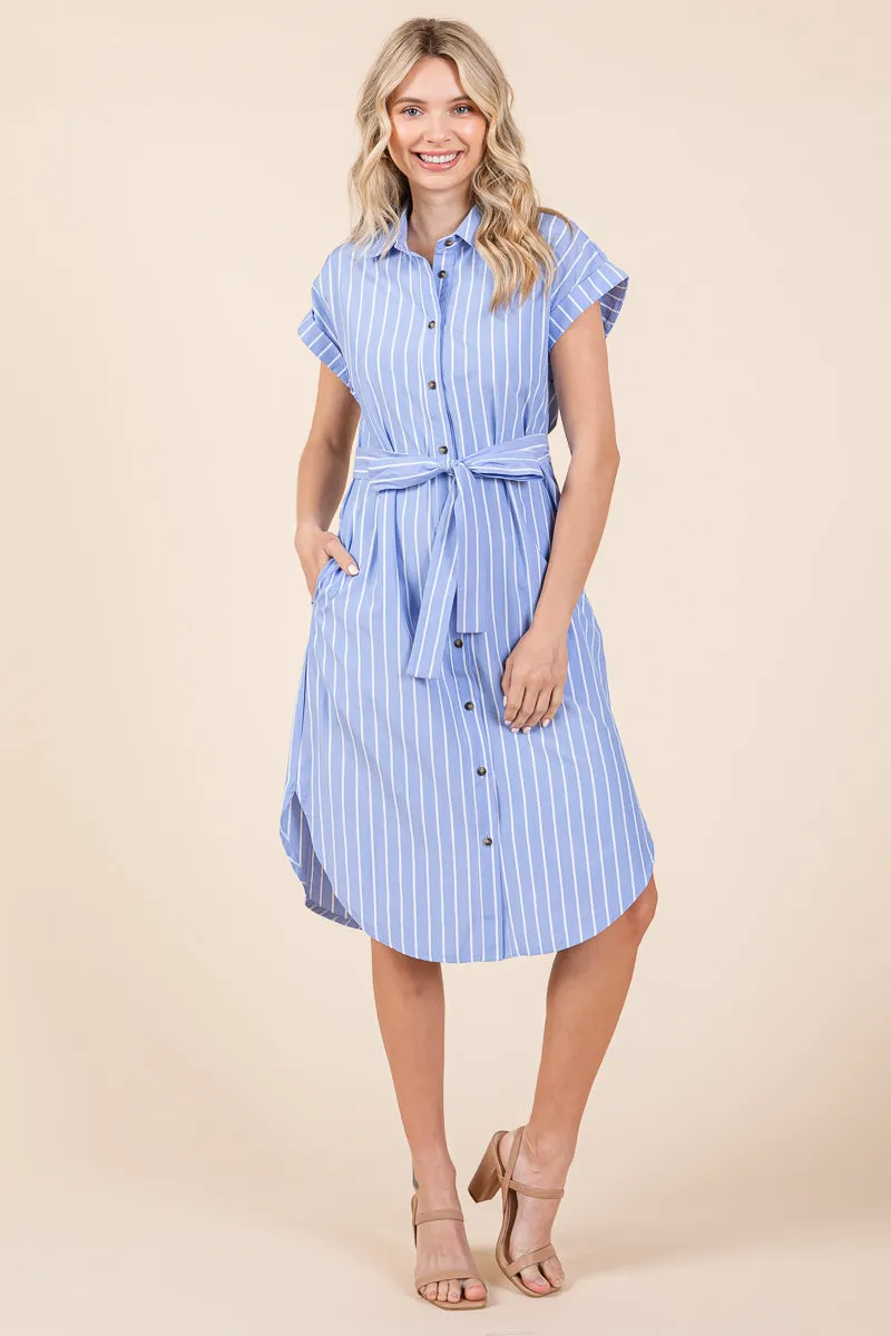 Button up Tie Waist Poplin Pocketed Shirt Dress