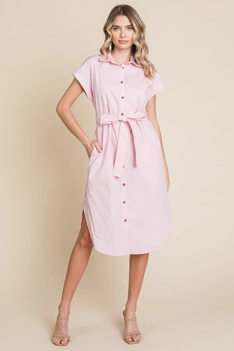 Button up Tie Waist Poplin Pocketed Shirt Dress