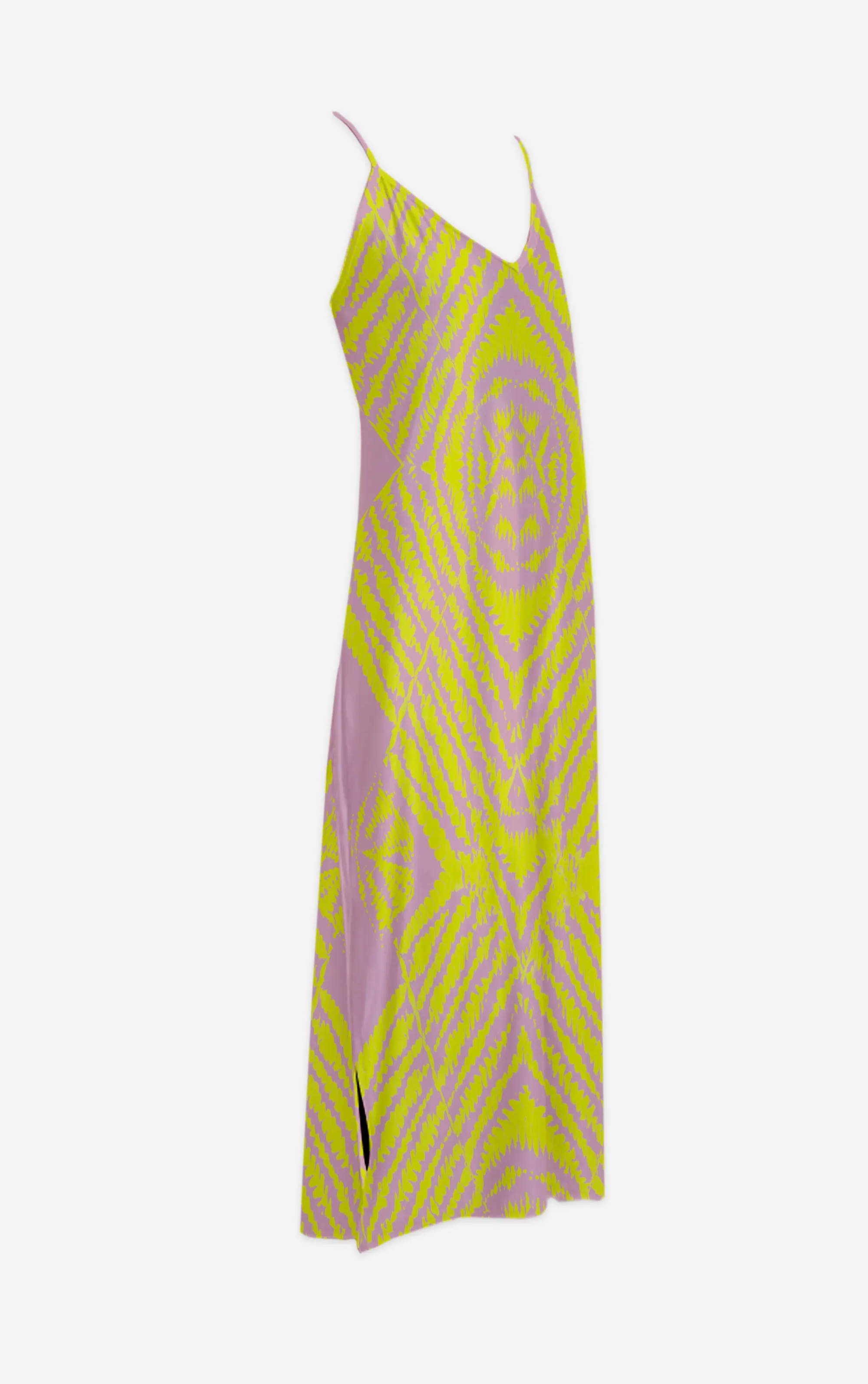 Byzantine Tie Dye- 100% Silk Satin French Gothic V Neck Slip Dress in Nouveau Blush Lavender & Mustard | Le Leanian™
