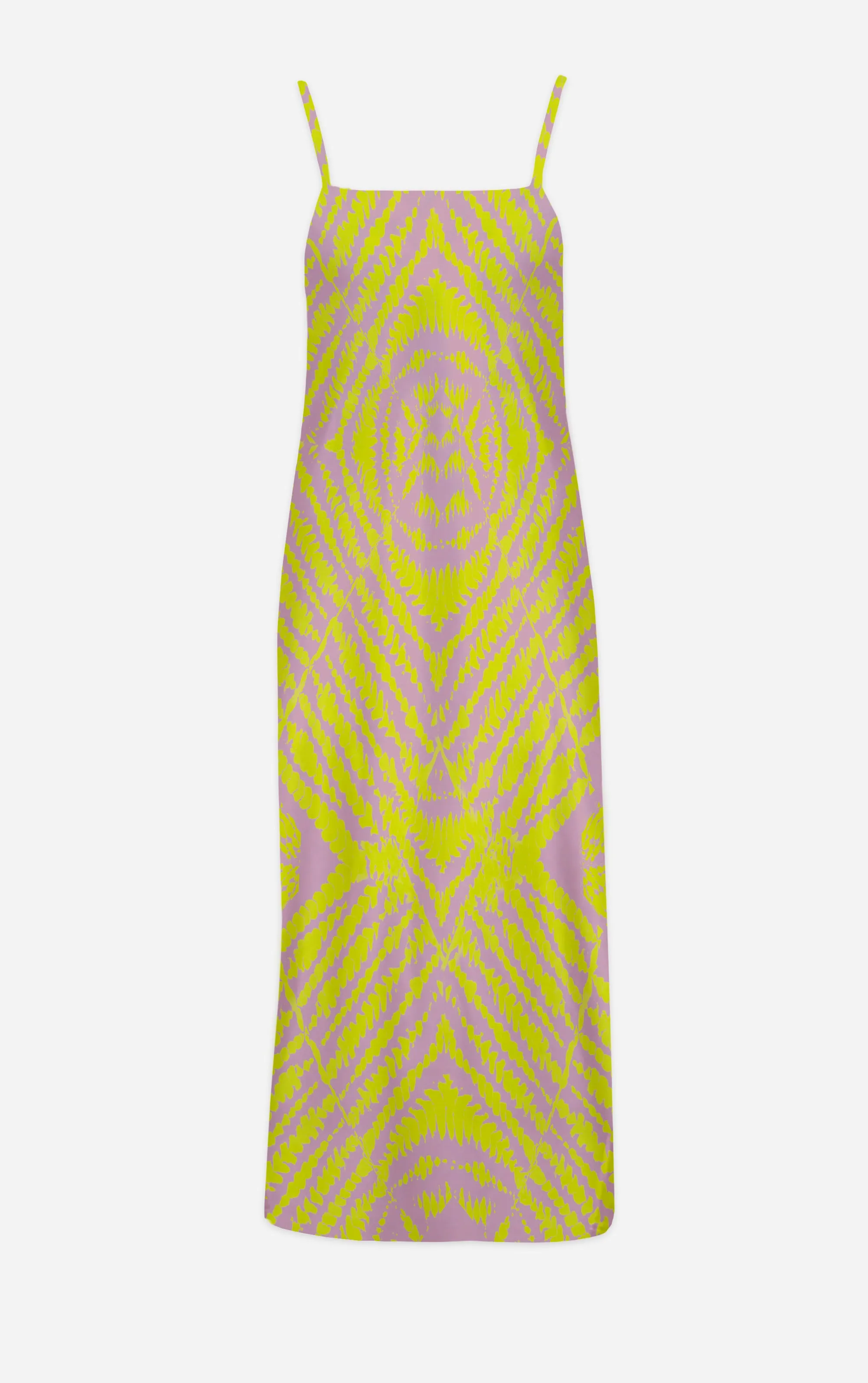Byzantine Tie Dye- 100% Silk Satin French Gothic V Neck Slip Dress in Nouveau Blush Lavender & Mustard | Le Leanian™