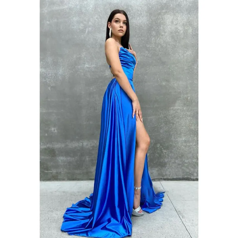 Chic Scoop Blue Satin Pleats Split Simple Prom Dress with Pockets