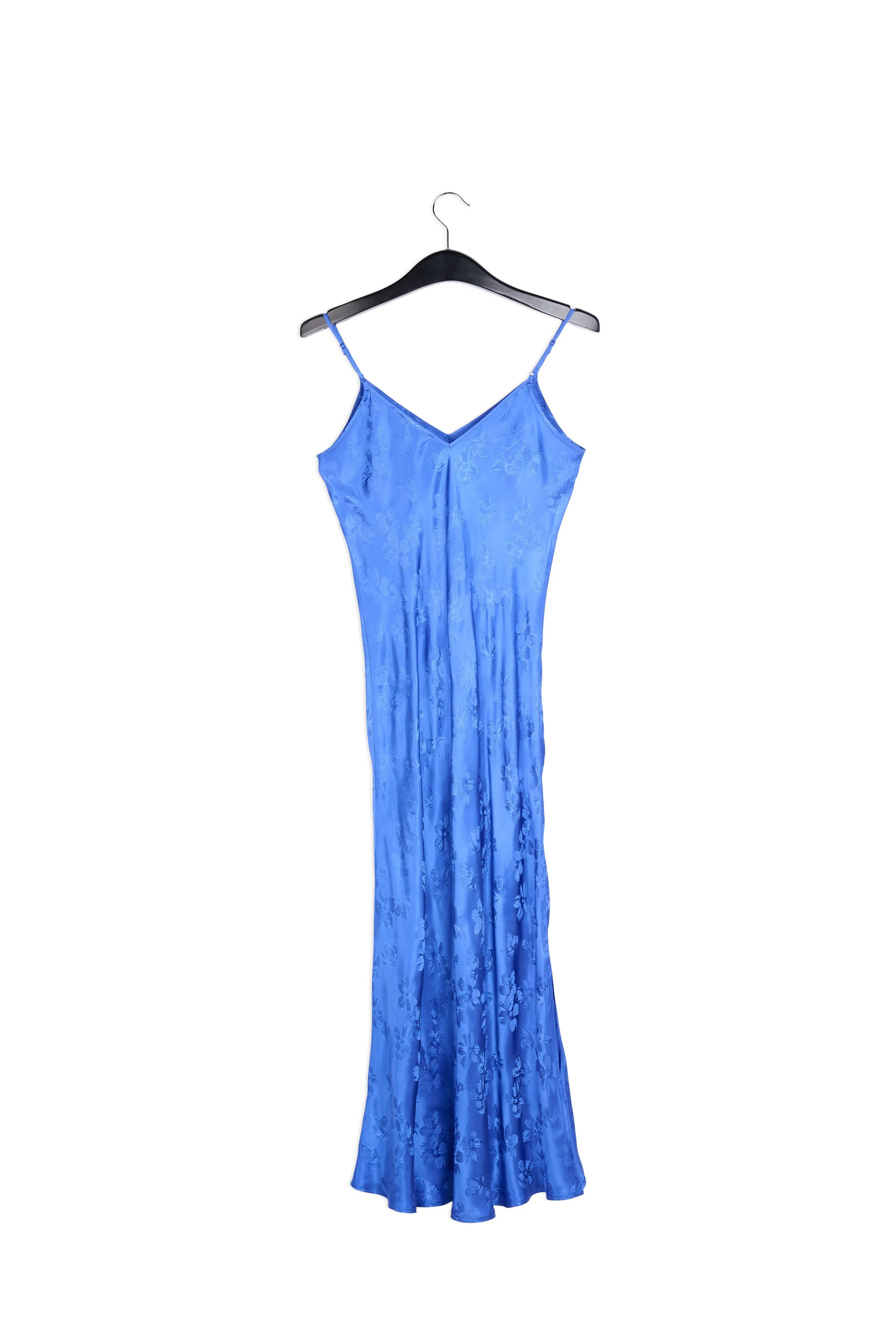 Cobalt blue floral-print jacquard slip dress