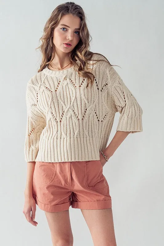 Cream Knit Lightweight Short Sleeve Sweater