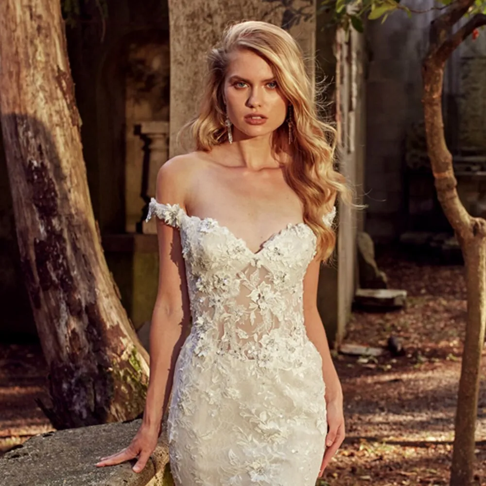 Crystal Lace Flowers Women's Wedding Dresses With Detachable Train