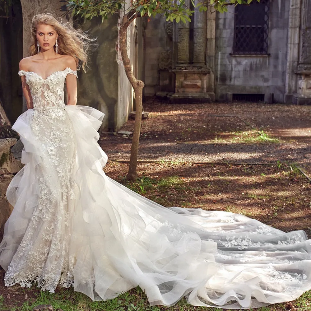 Crystal Lace Flowers Women's Wedding Dresses With Detachable Train