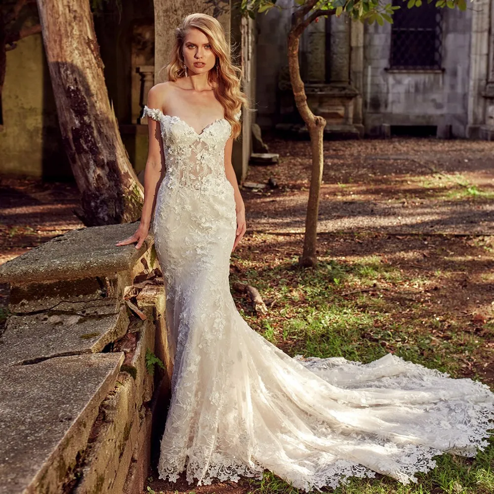 Crystal Lace Flowers Women's Wedding Dresses With Detachable Train