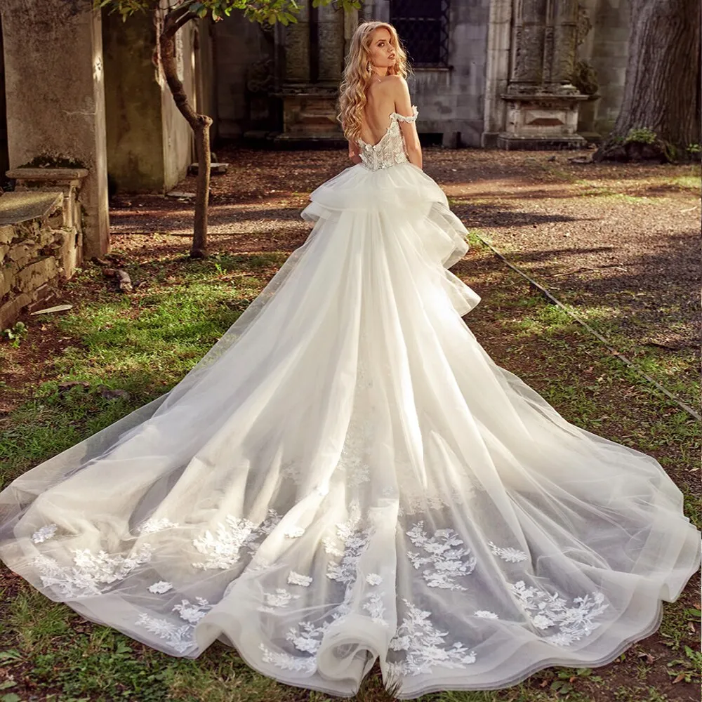 Crystal Lace Flowers Women's Wedding Dresses With Detachable Train