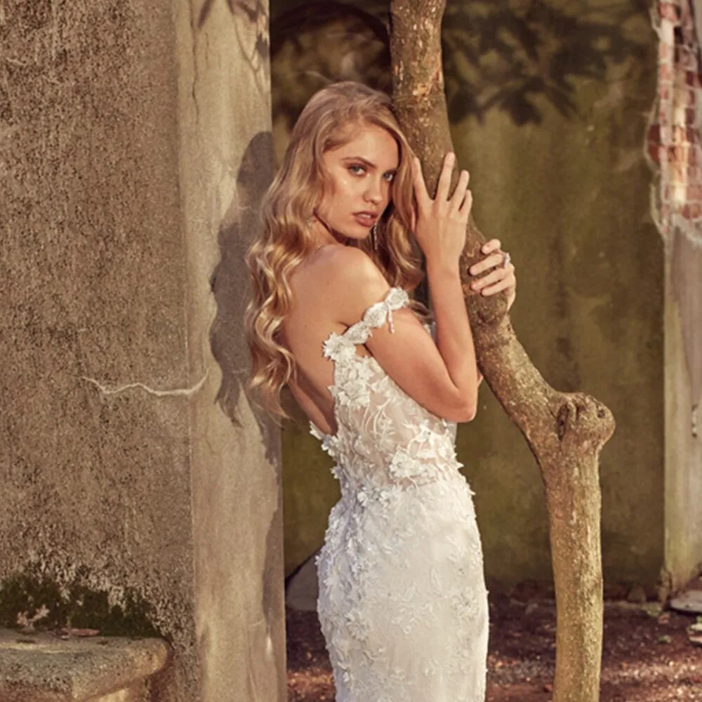 Crystal Lace Flowers Women's Wedding Dresses With Detachable Train