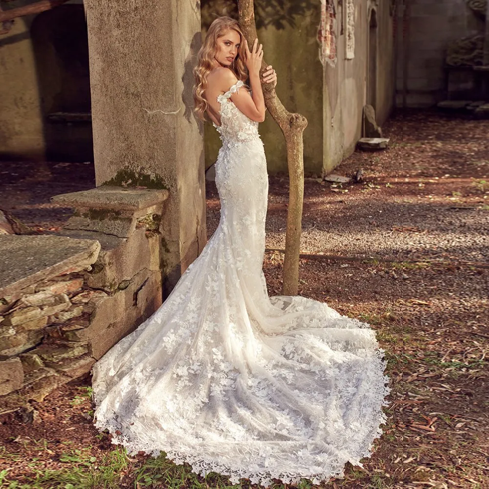 Crystal Lace Flowers Women's Wedding Dresses With Detachable Train