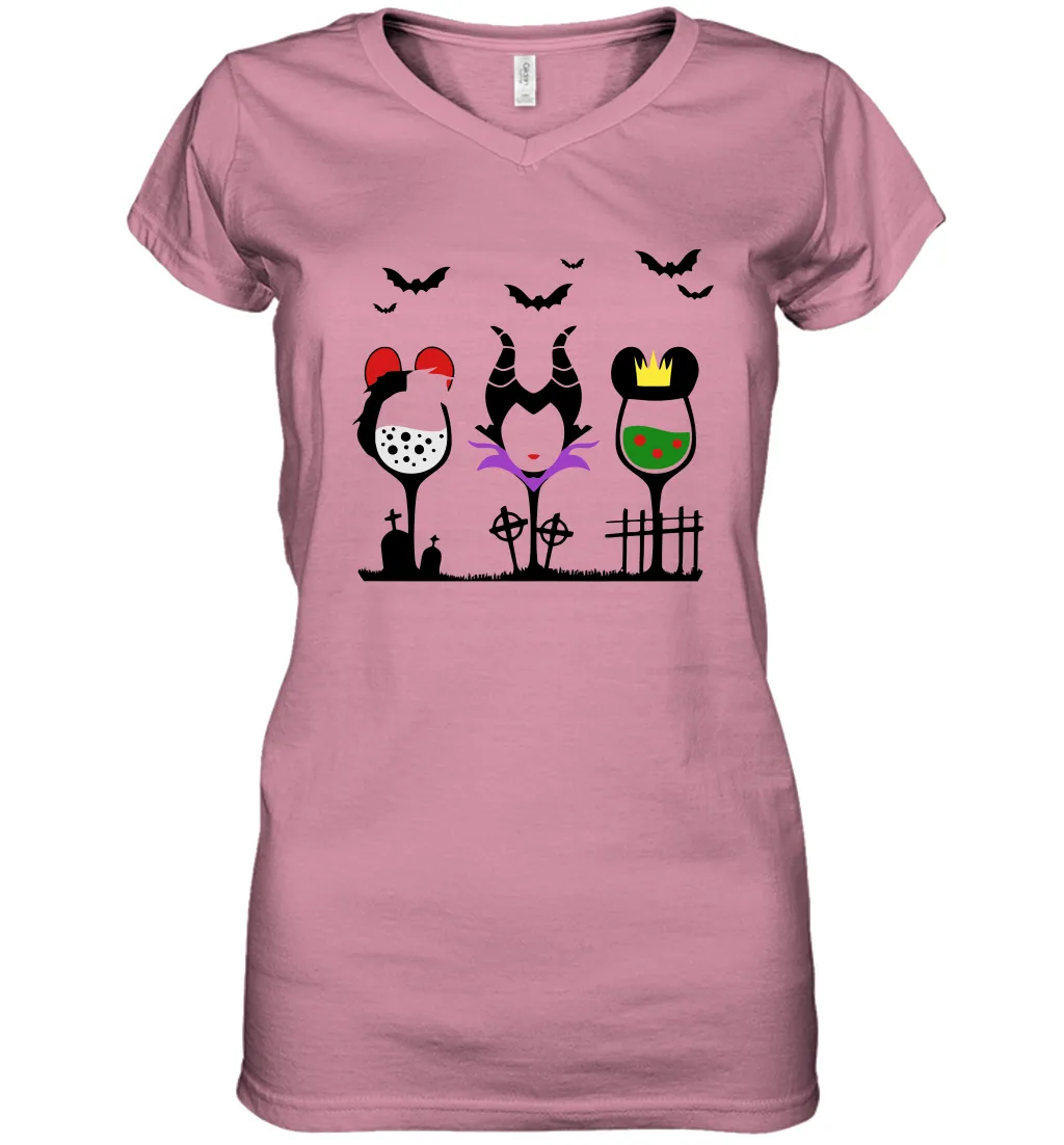 Disney Villains Cruella de Vil Maleficent Evil Queen wine Halloween Shirt Women's Vneck