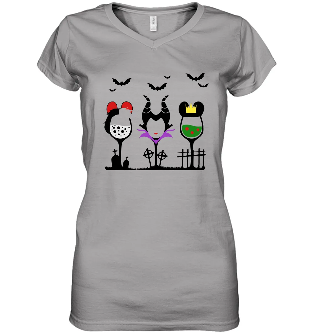 Disney Villains Cruella de Vil Maleficent Evil Queen wine Halloween Shirt Women's Vneck